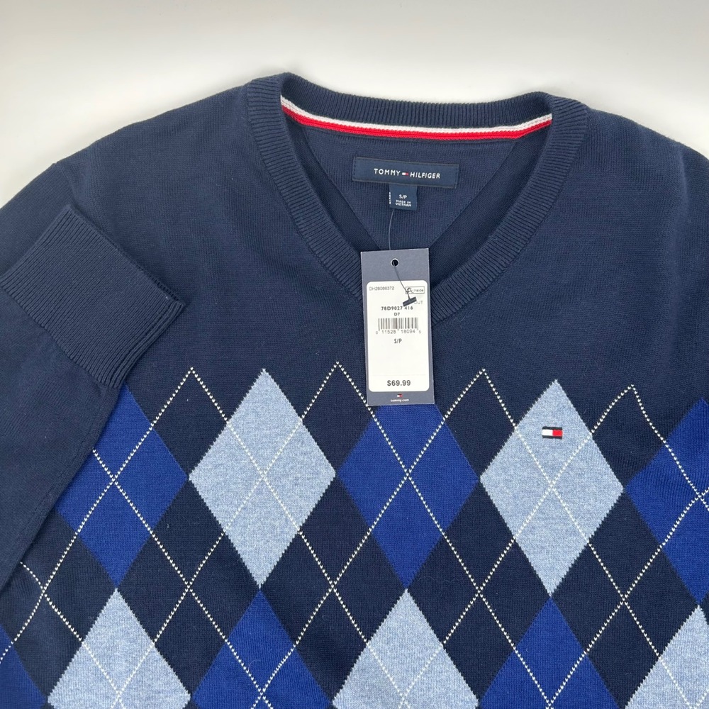 Tommy Hilfiger Sweater Mens Small Navy Blue Argyle V-Neck Cotton NWT 78D9027 416